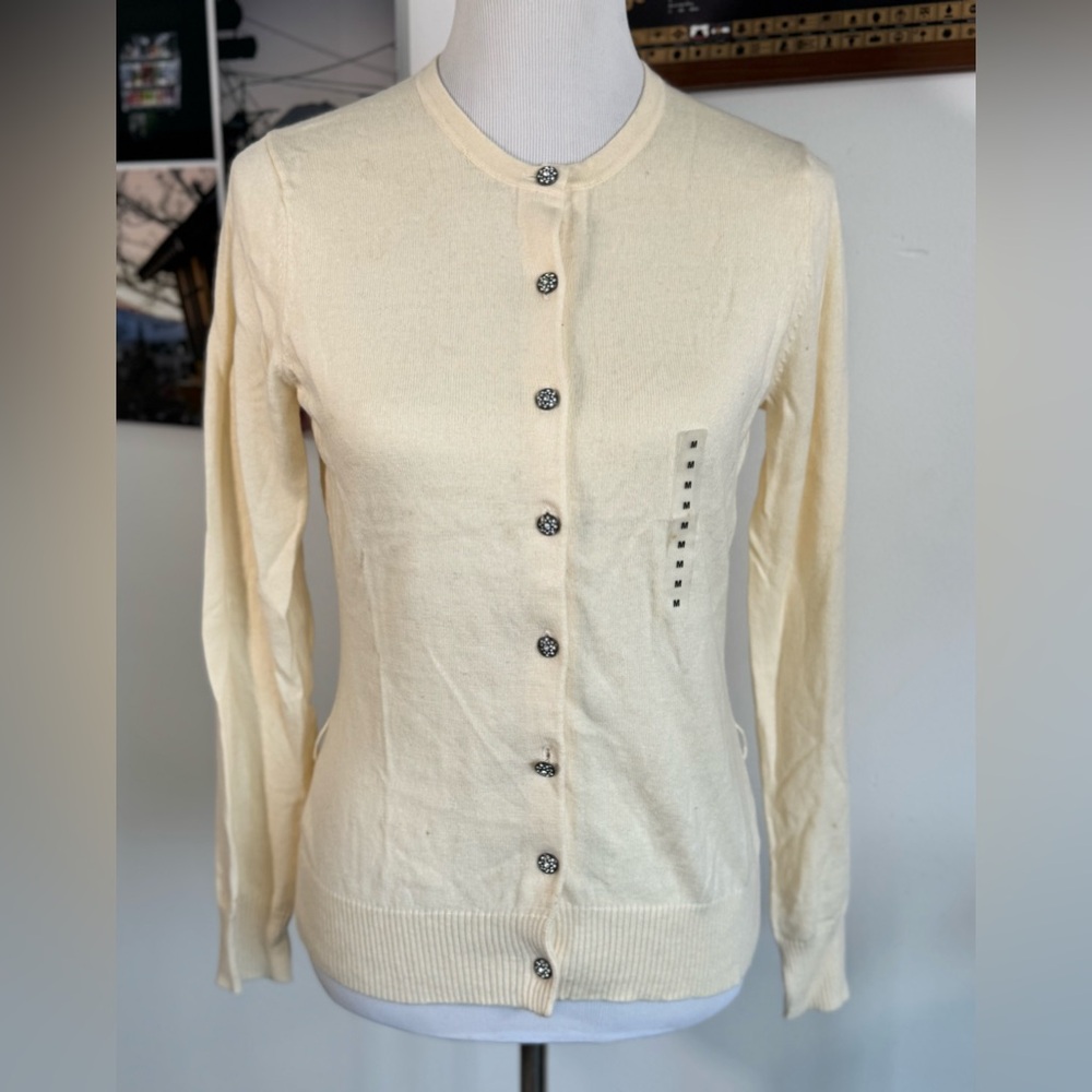 VTG GAP Soft Cream Angora Blend Cardigan w/ Floral Rhinestone Buttons - M